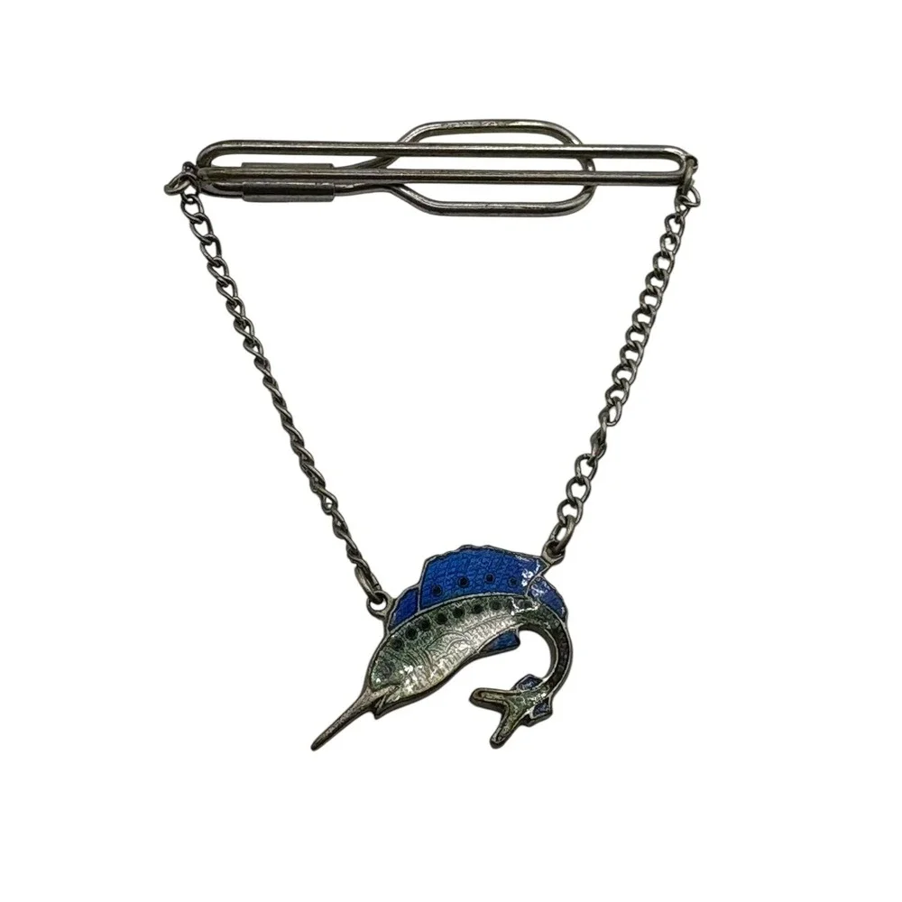 Vintage Tie Bar Clip Enamel‎ Swordfish Silver Tone Dangle Chain Nautical Fish